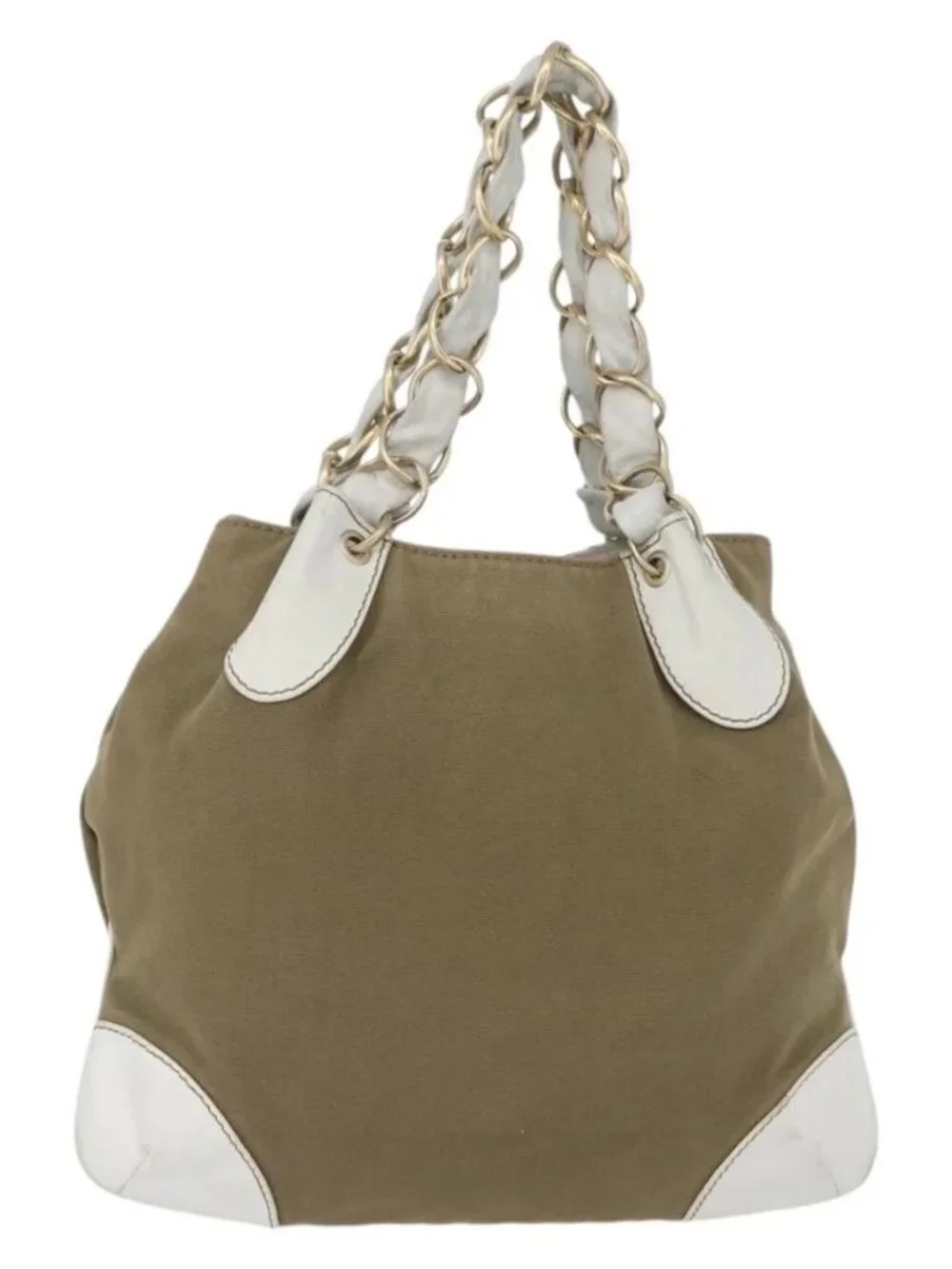 CHANEL Chain Tote Bag Canvas Beige Gold CC Auth mr2009